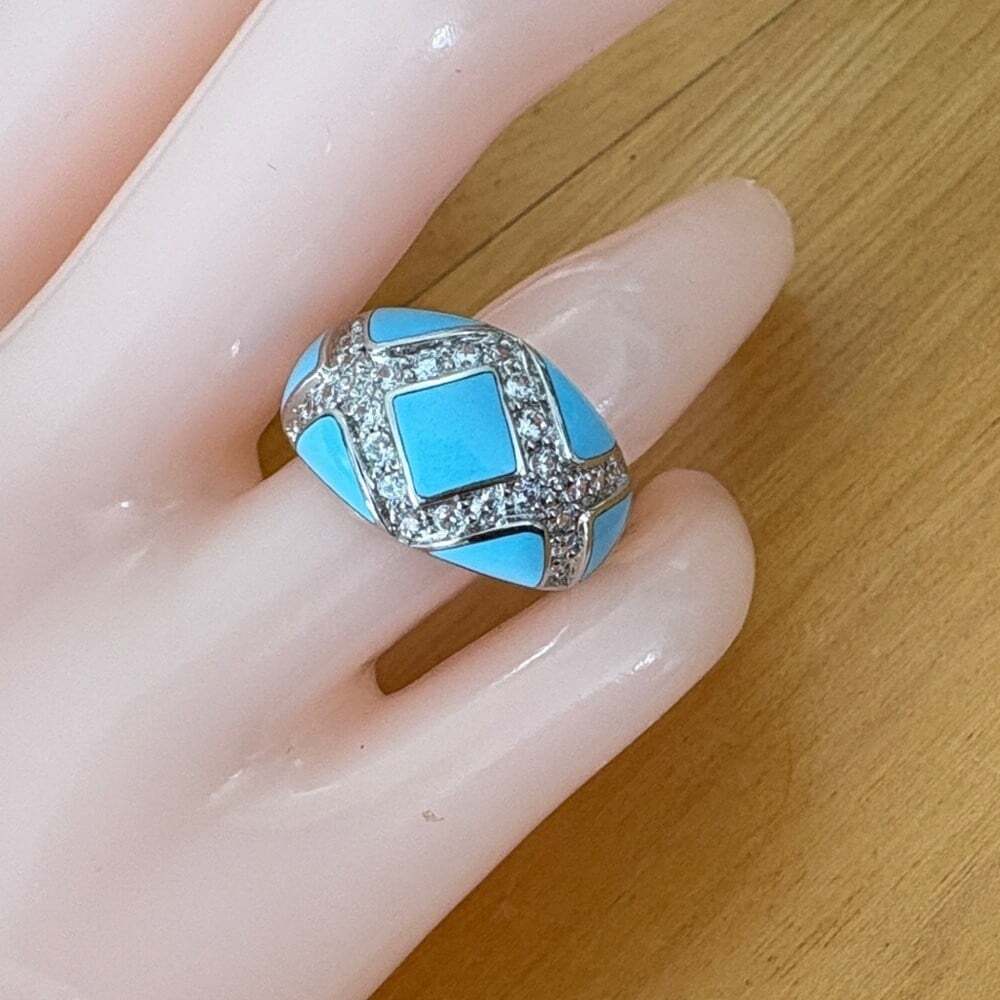Eric Grossbardt Turquoise Inlay Diamonique CZ Channel Set Ring Sterling Size 5